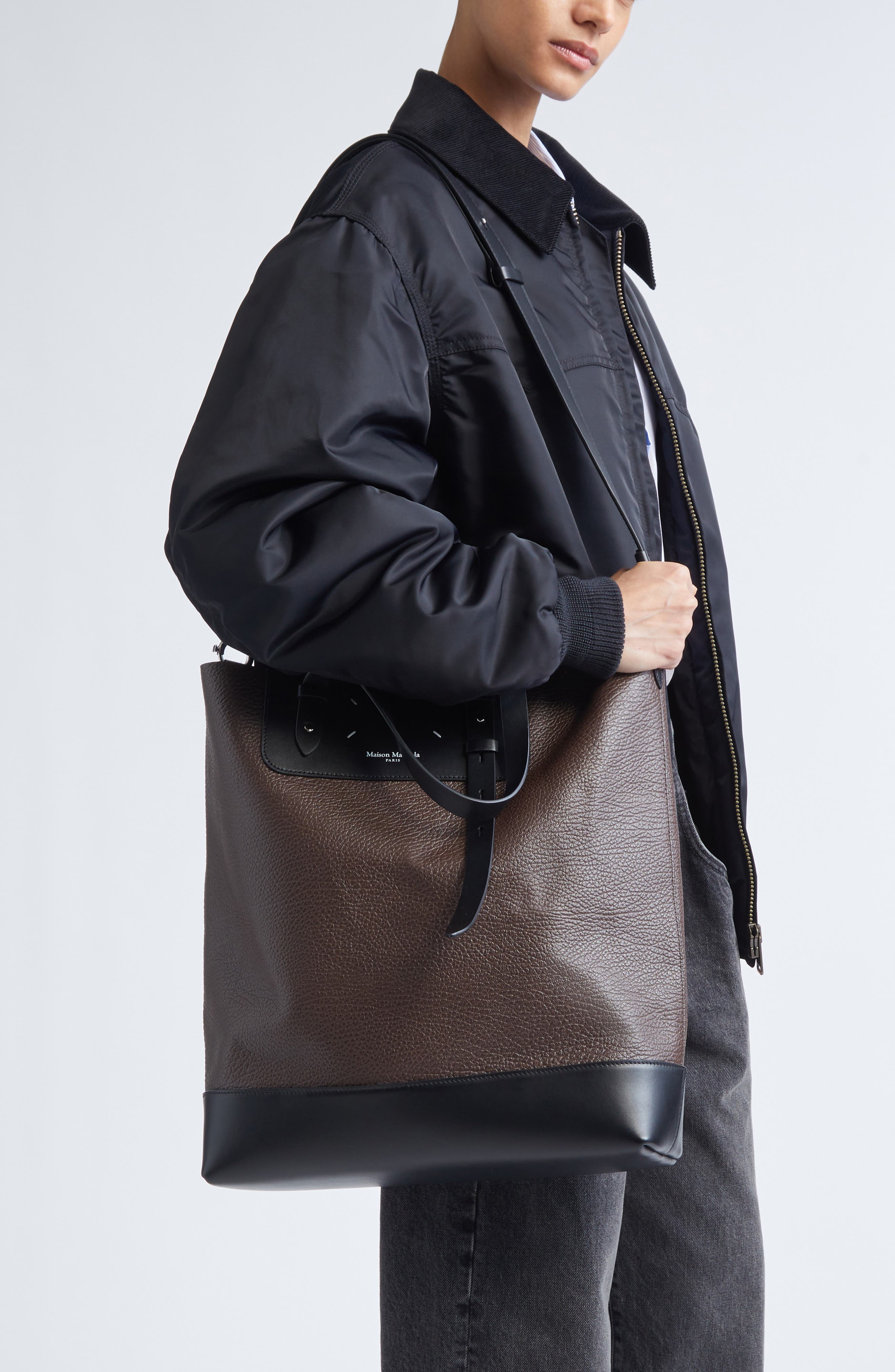 Maison Margiela Colorblock Leather Vertical Tote, Alternate, color, Macassar/ Black