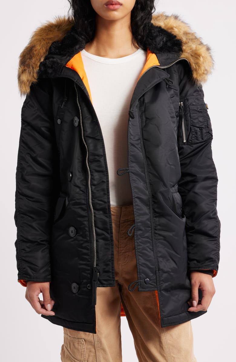 Alpha Industries Alpha N-3B Water Resistant Parka with Removable Faux Fur Trim, Alternate, color, Black