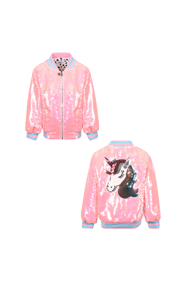 Lola + The Boys Pretty in Pink Unicorn Sequin Bomber, Main, color, Pink