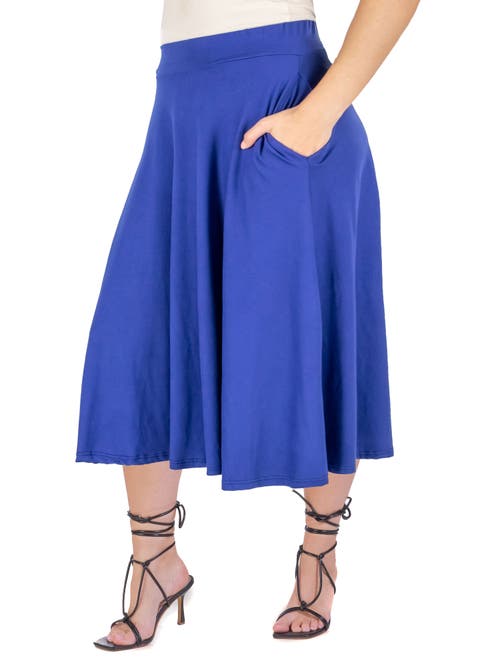 24seven Comfort Apparel Elastic Waist Pleated Pocket Midi Skirt In Blue