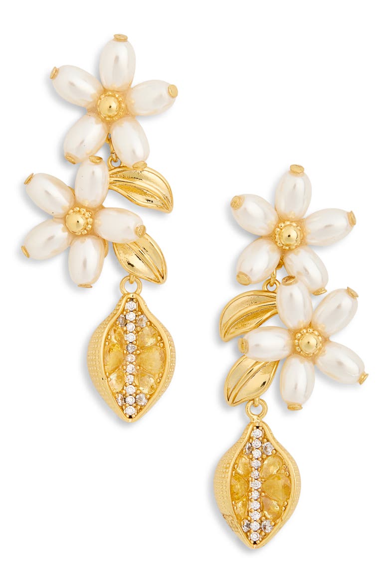 Kleo Faux Pearl Flower Drop Earrings, Main, color, GOLD