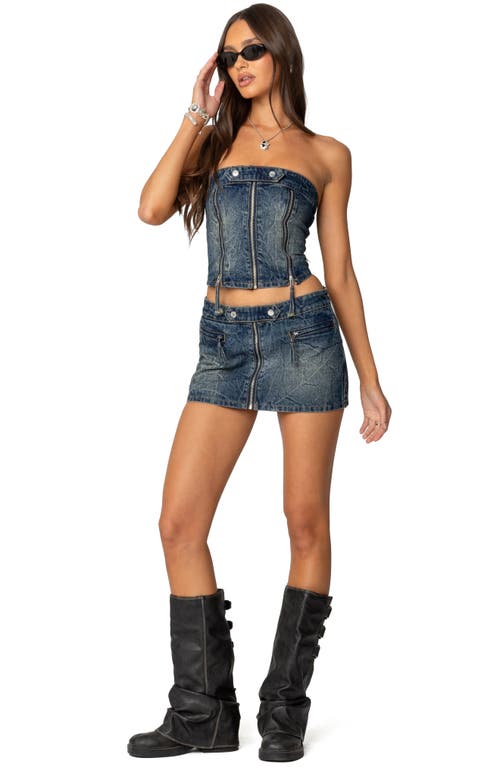 Shop Edikted Guinevere Zip Washed Denim Corset Top In Blue-washed