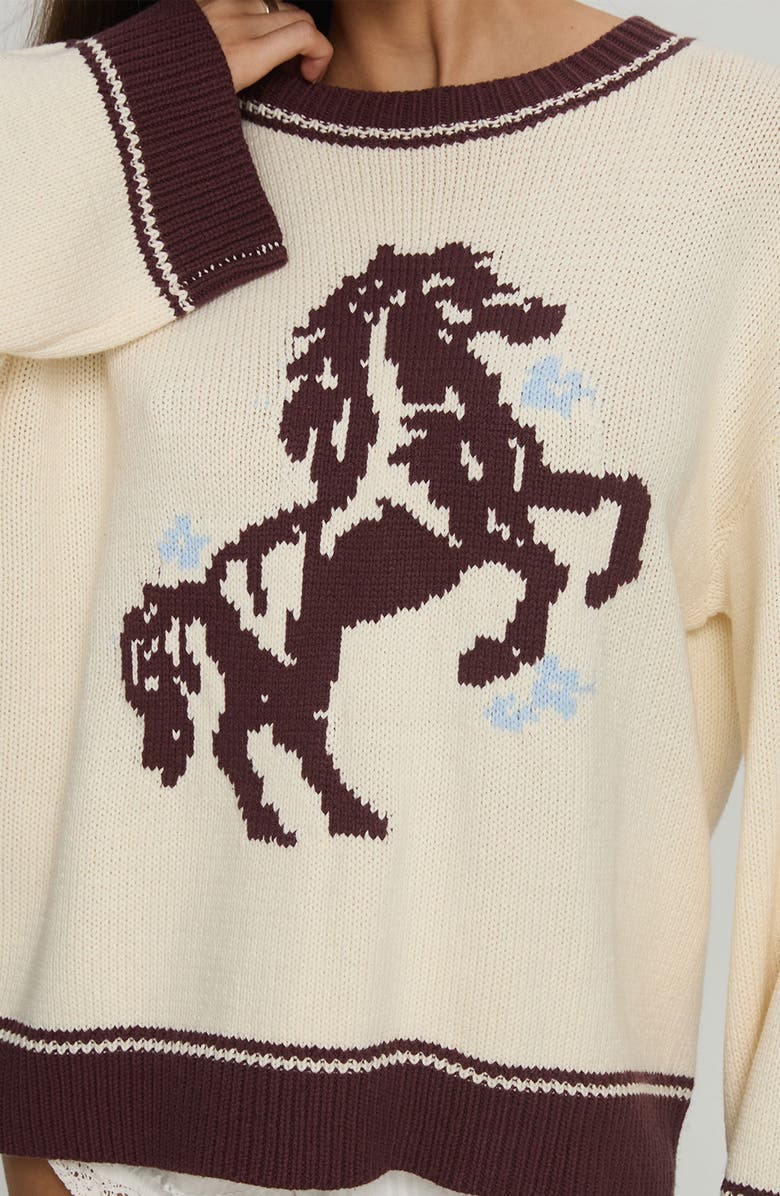 Princess Polly Rhianonn Horse Graphic Cotton Blend Sweater, Alternate, color, Cream / Brown