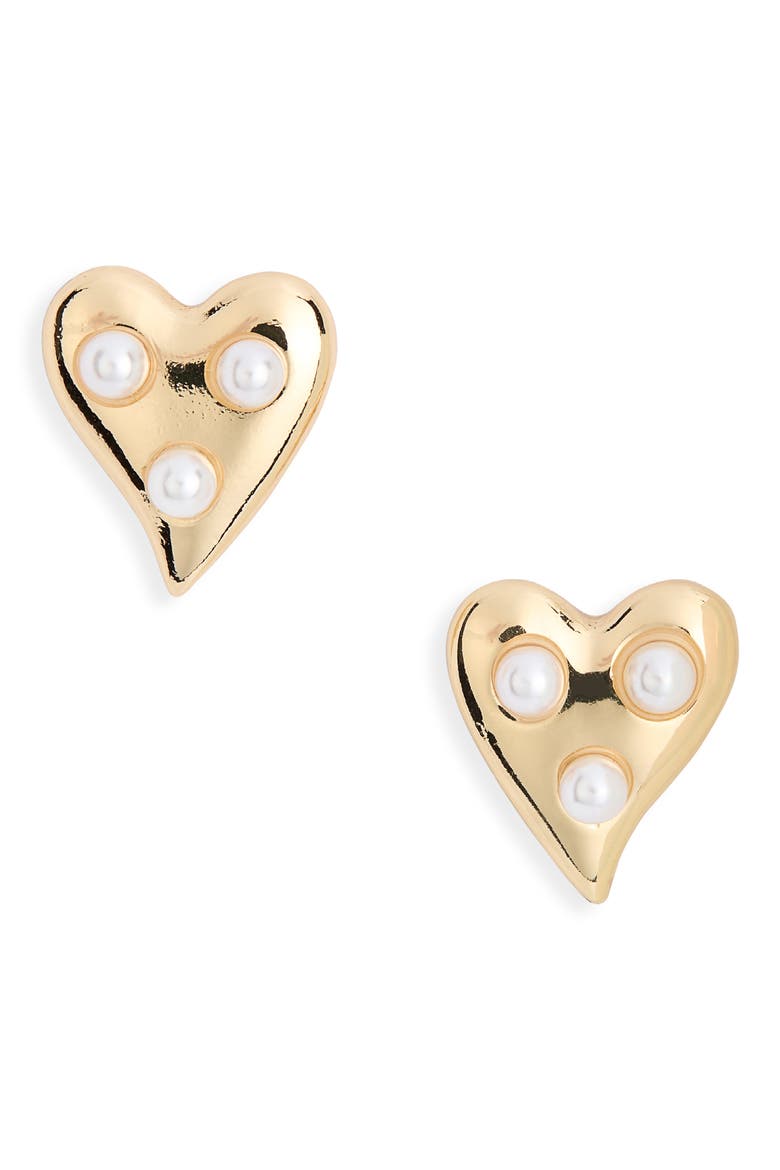 Faux Pearl Heart Stud Earrings, Main, color, WHITE- GOLD