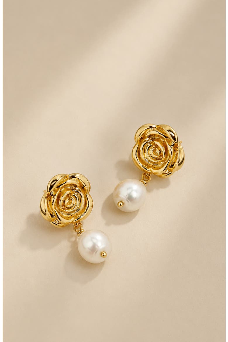 Rose Pearl Drop Earrings In Gold & Pearls, Alternate, color, Gold