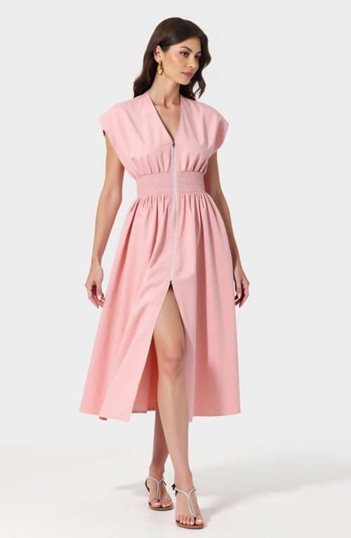 Modenaire Cap Sleeve Midi Dress With Smocked Waist And Side Pockets In Pink