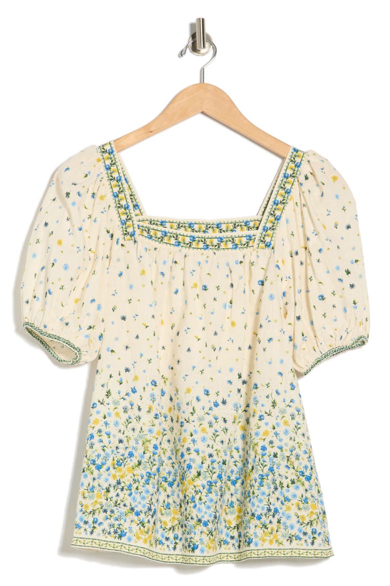 Printed Square Neck Top, Alternate, color, CREAM/ BLUE DITSY