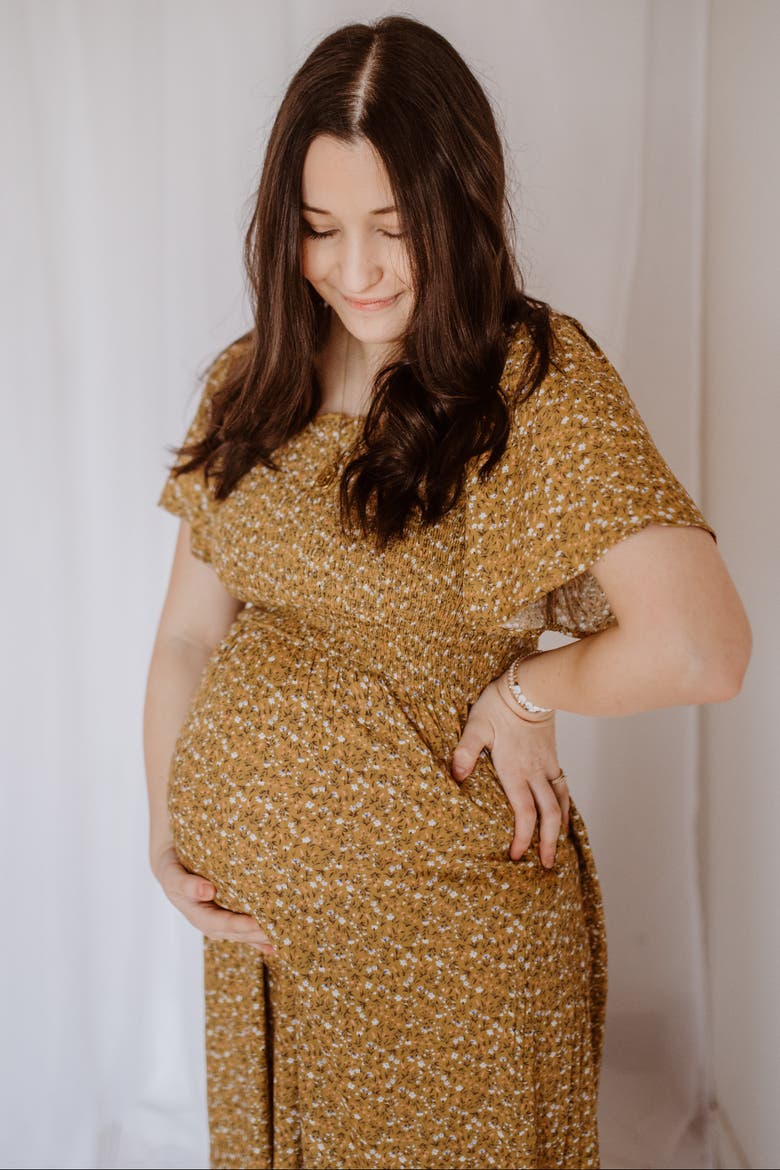 Floral Smocked Maxi Dress, Alternate, color, Gold
