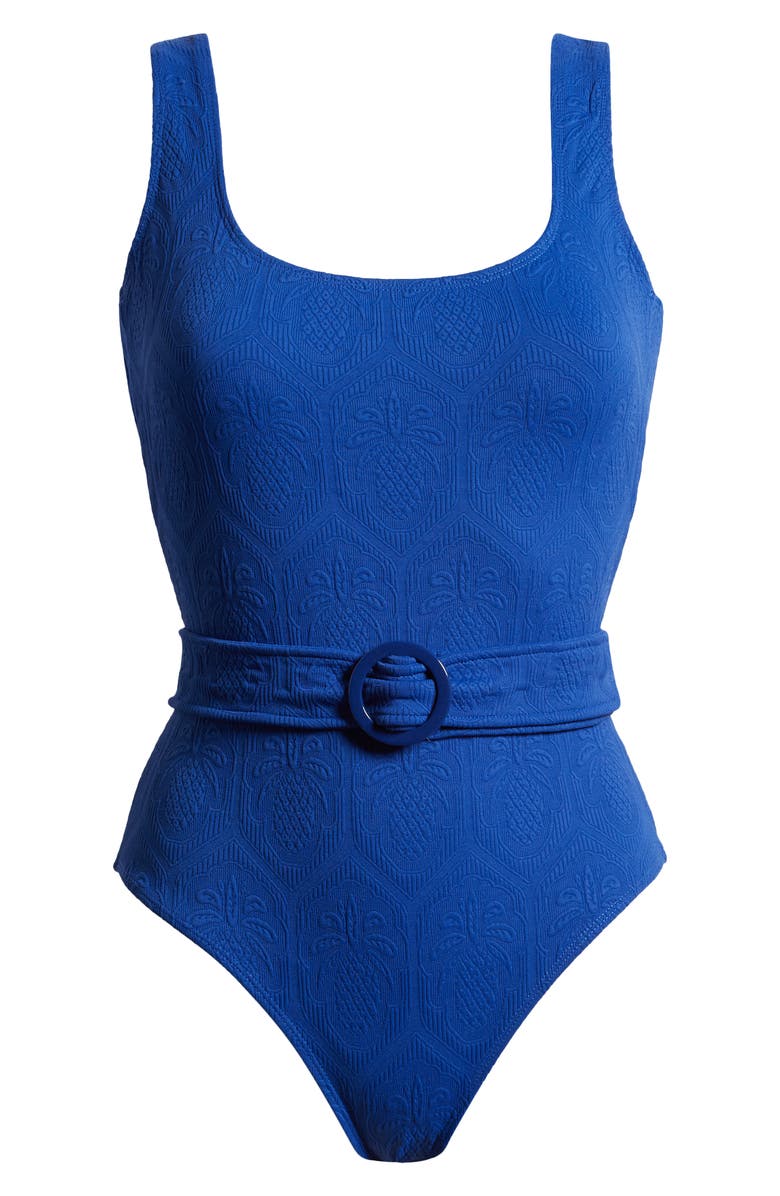 FARM Rio Blue Matelasse Pineapple Belted One-Piece Swimsuit, Alternate, color,