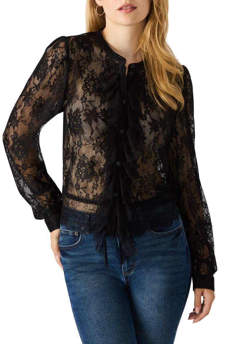 Colsie Sheer Lace Long Sleeve Shirt, Main, color, BLACK
