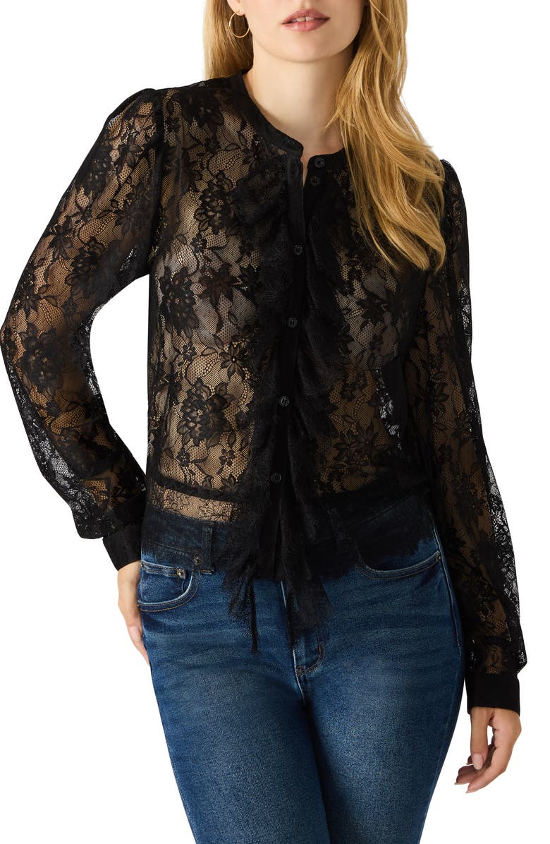 Steve Madden Colsie Sheer Lace Long Sleeve Shirt, Main, color, Black