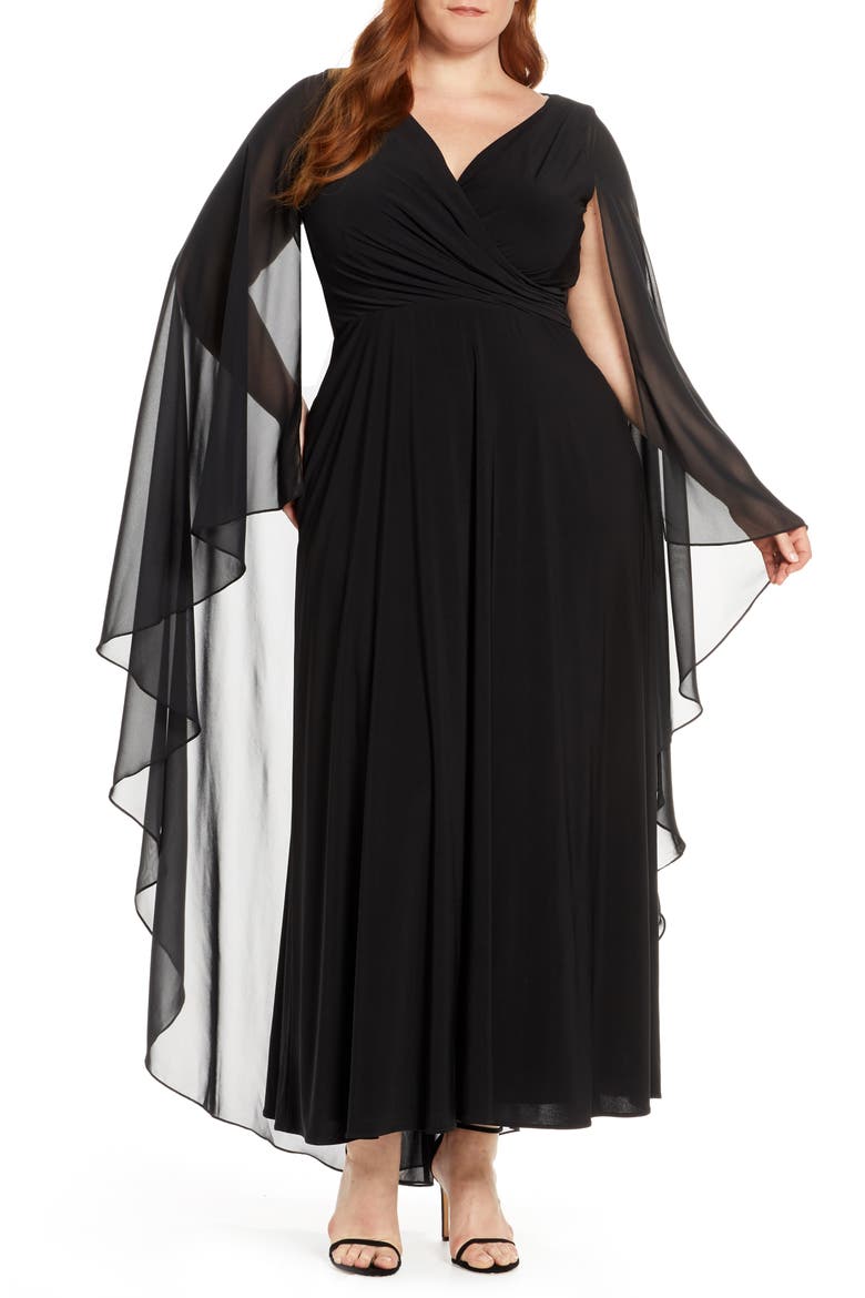 Xscape Side Ruched Long Sleeve Chiffon Gown, Main, color, BLACK