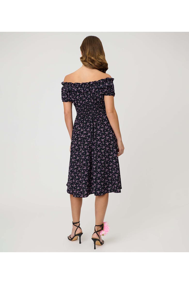 1950s Off The Shoulder Ruffle Swing Dress, Alternate, color, Black w/ Purple Floral Print