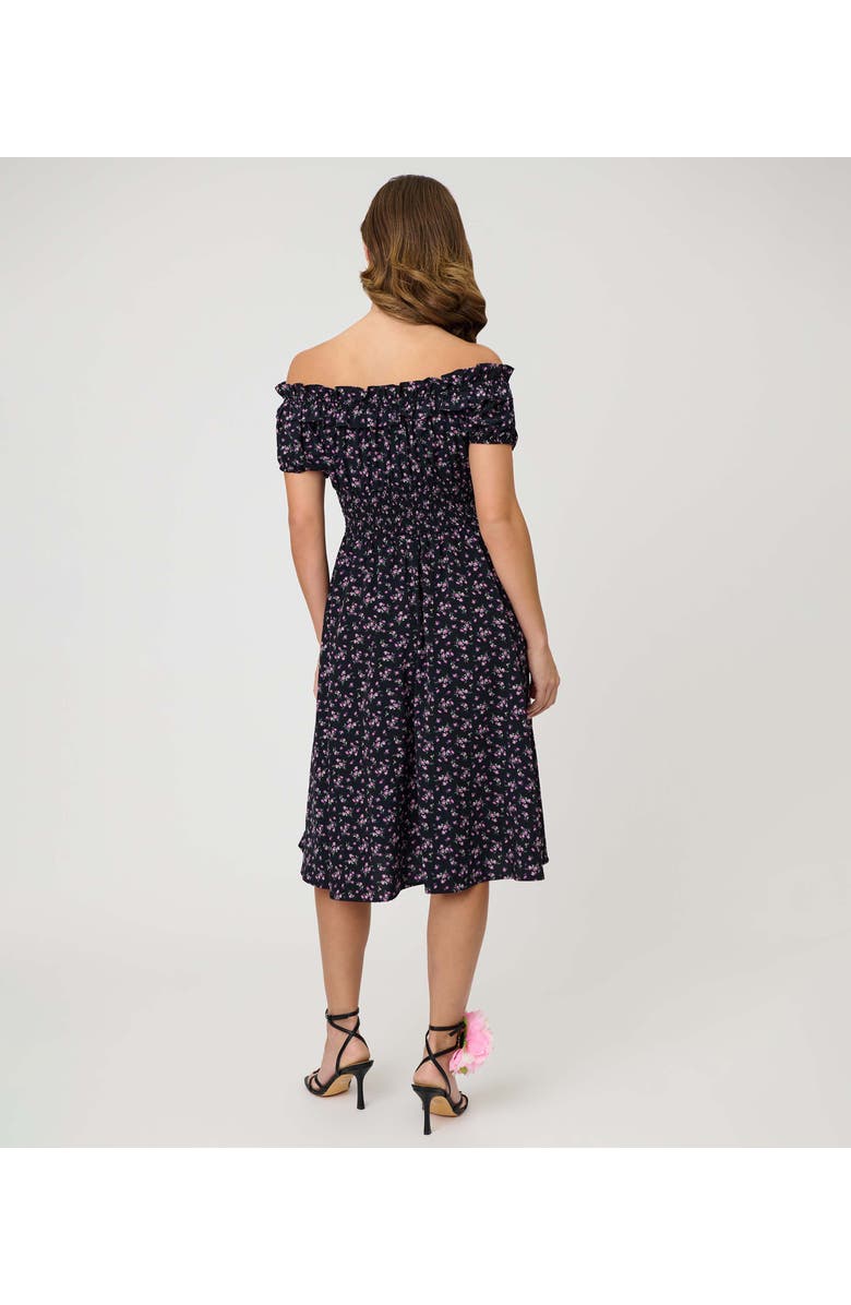 Unique Vintage 1950s Off The Shoulder Ruffle Swing Dress, Alternate, color, Black W/ Purple Floral Print