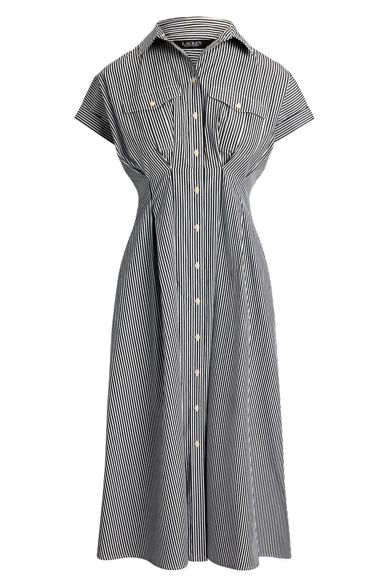 Striped Pleated Broadcloth Midi Shirtdress, Alternate, color, BLACK/ WHITE