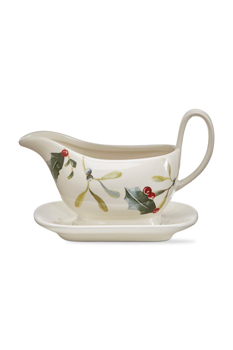 Winter Sprig Ceramic Gravy Boat and Saucer Set Multicolor, Main, color, White