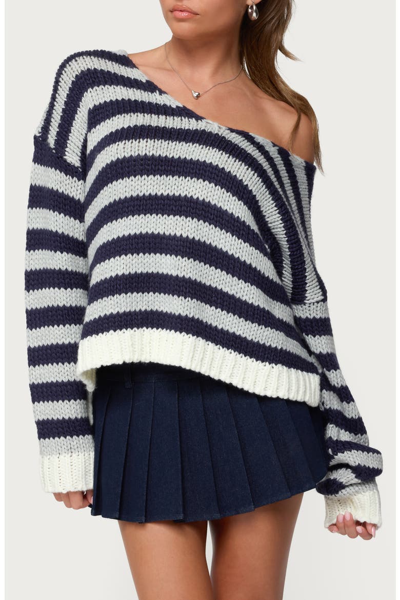 Eugenie Stripe Oversize Off the Shoulder Sweater, Main, color, NAVY