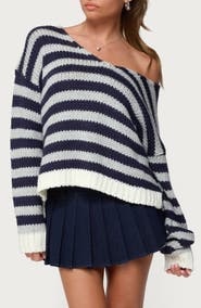 EDIKTED Eugenie Stripe Oversize Off the Shoulder Sweater