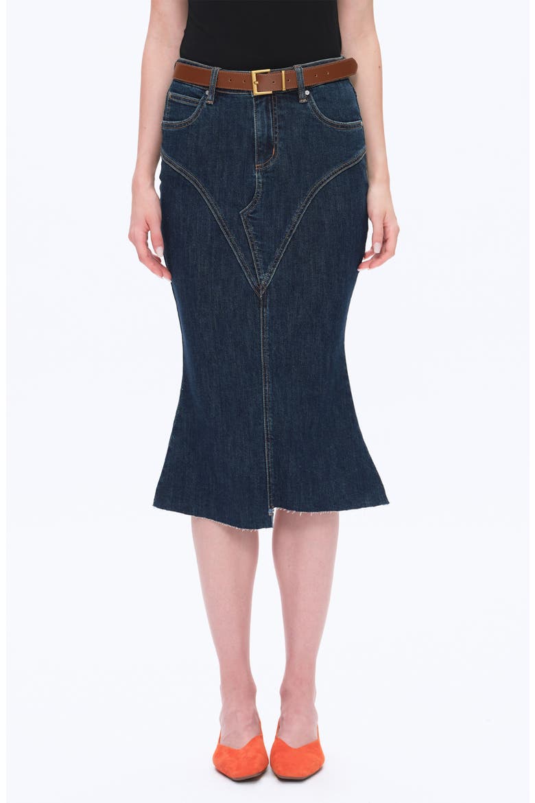 Erin Raw Fishtail Hem Denim Skirt, Main, color, DARK BLUE