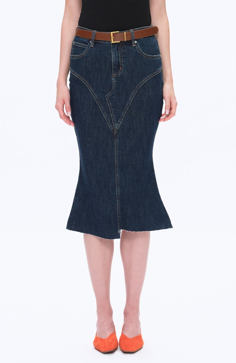 Bayeas Erin Raw Fishtail Hem Denim Skirt, Main, color, Dark Blue