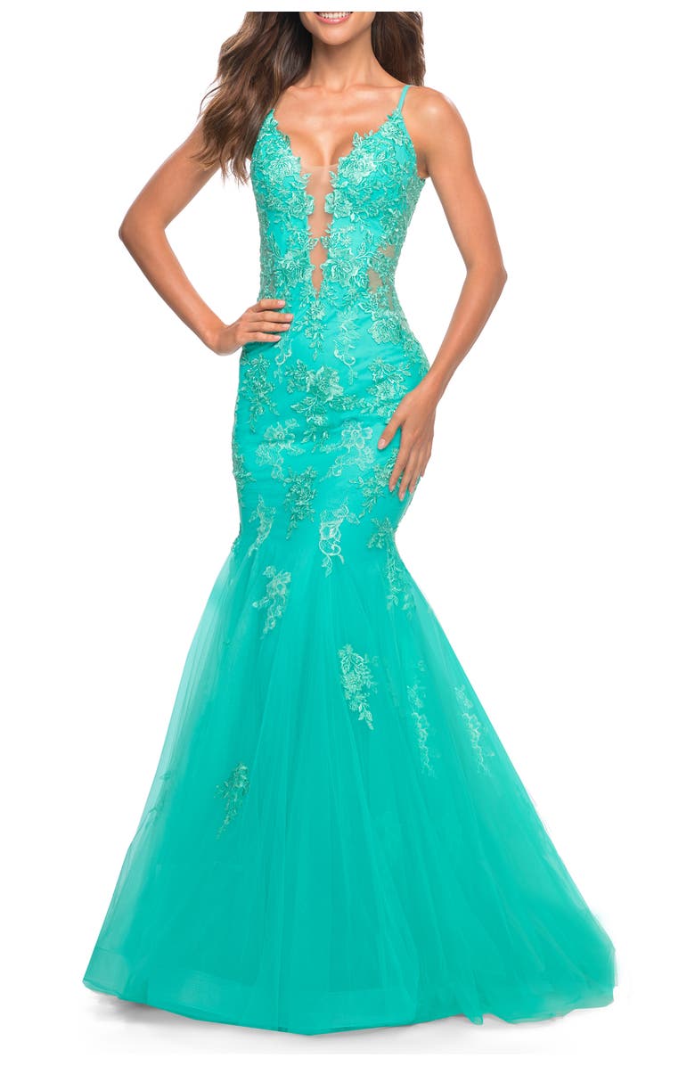 La Femme Tulle and Lace Mermaid Gown in Aqua, Main, color, Aqua