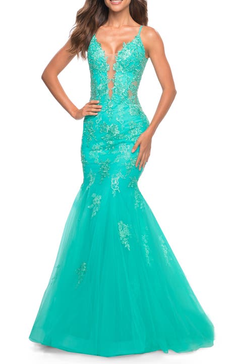 Tulle and Lace Mermaid Gown in Aqua