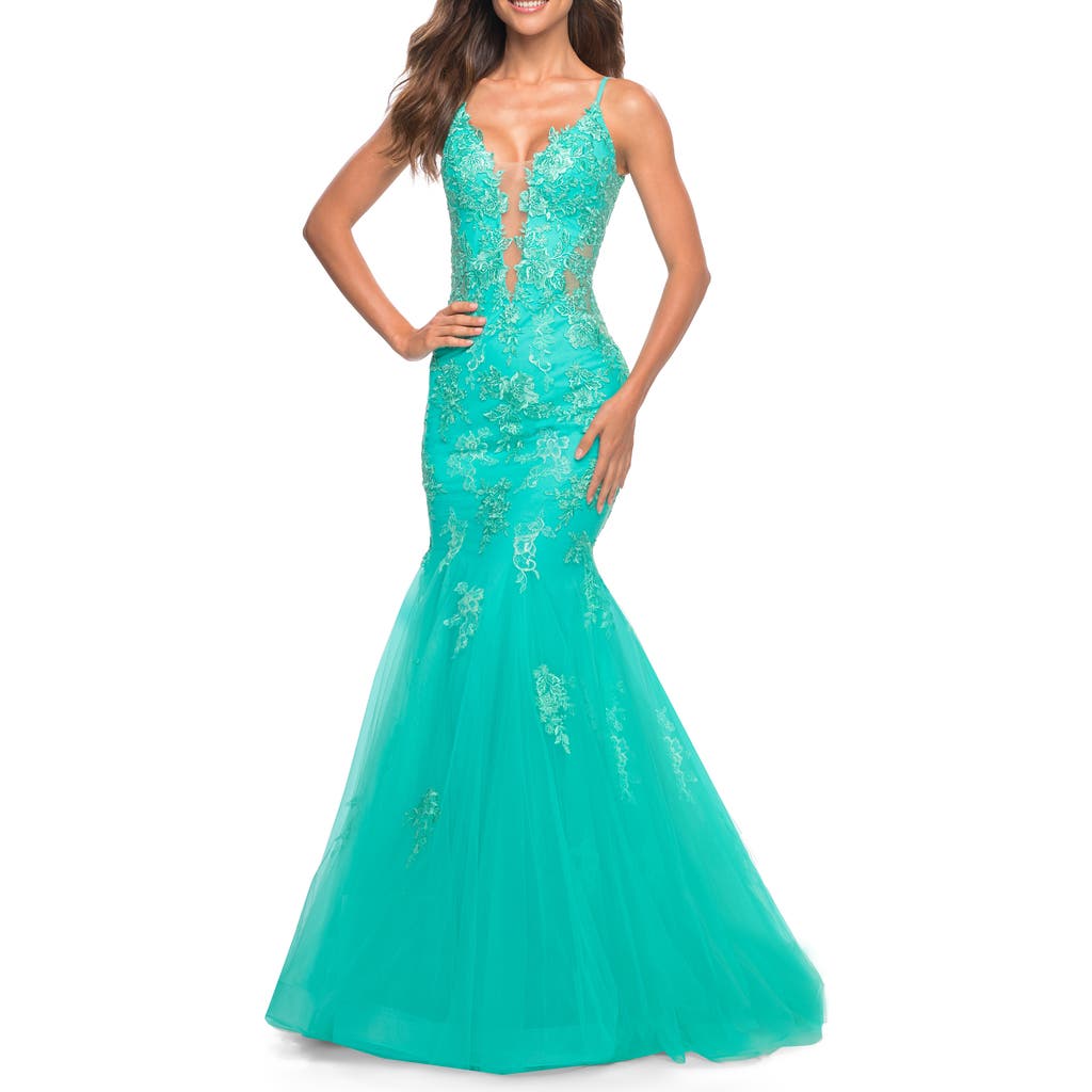 La Femme Tulle And Lace Mermaid Gown In Aqua