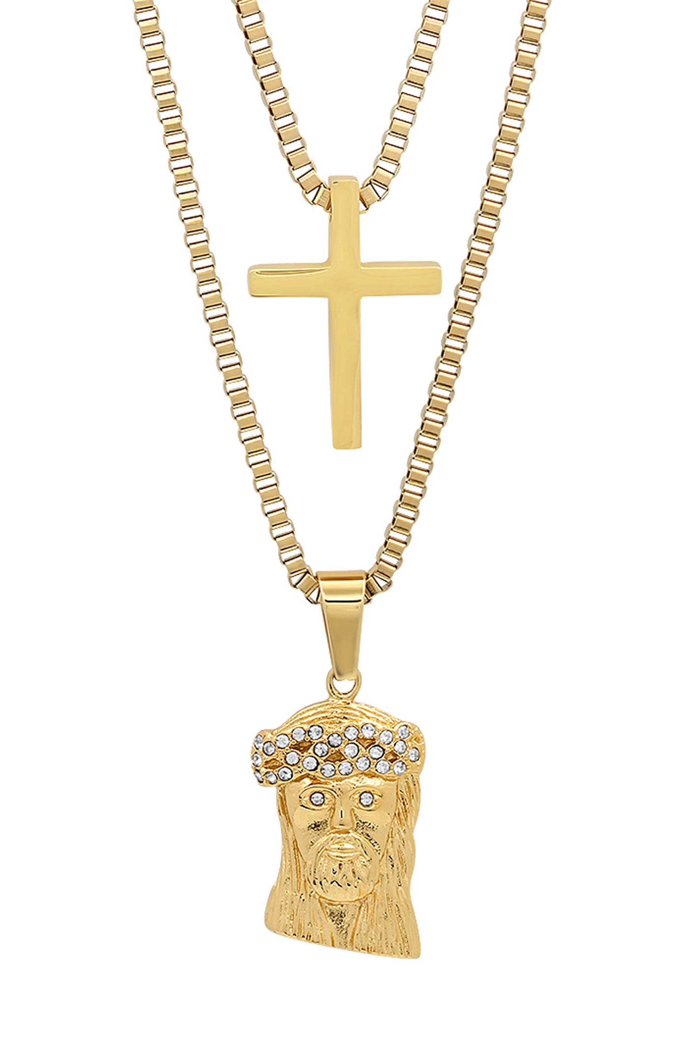 Men's 18k Gold Plated Crystal Jesus Pendant Necklace