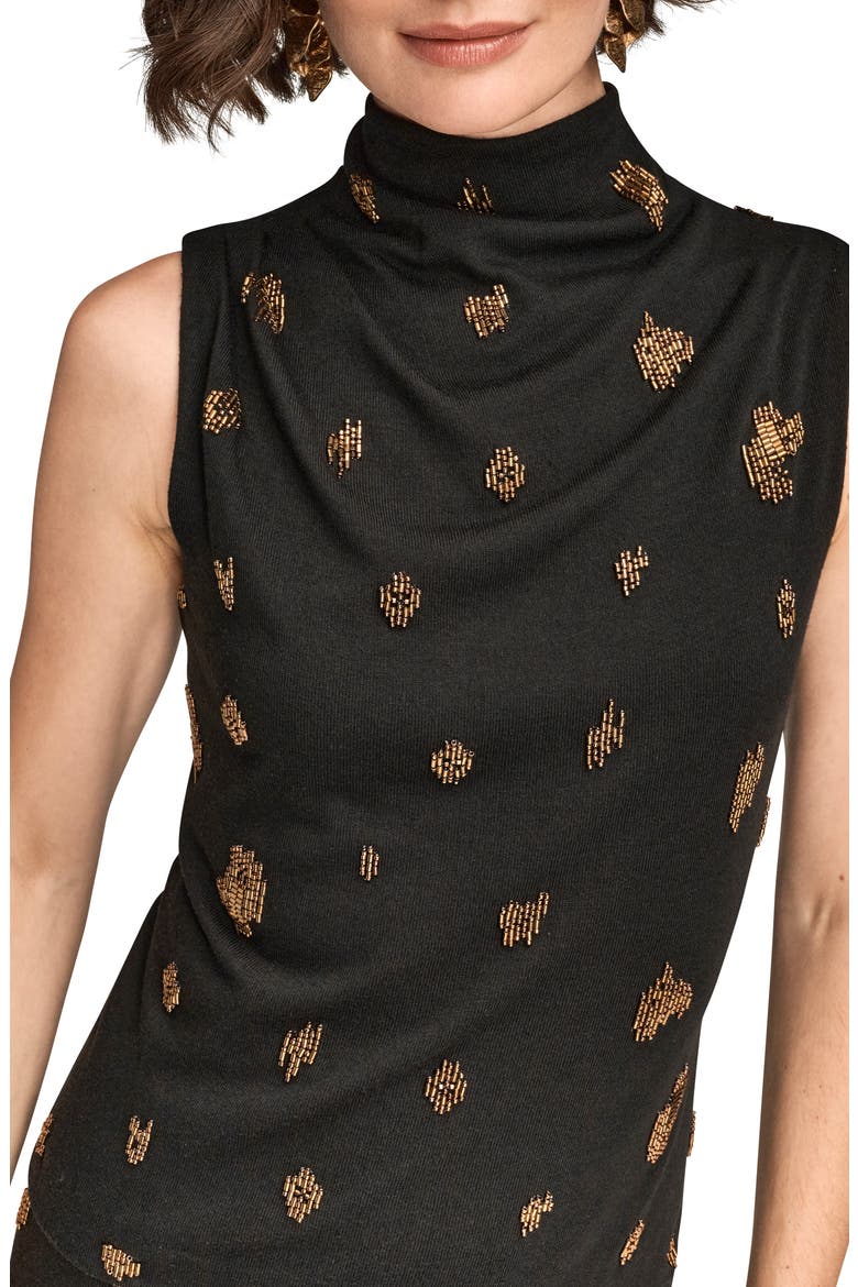 Embellished Ruched High Neck Sleeveless Knit Top, Alternate, color, BLACK