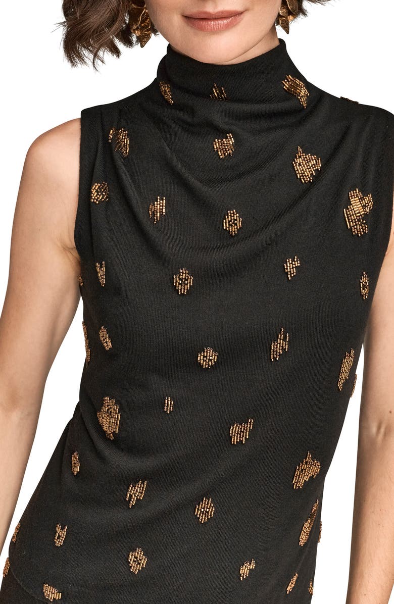 Donna Karan New York Embellished Ruched High Neck Sleeveless Knit Top, Alternate, color, Black