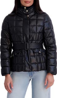 Kensie Belted Quilted Cire Puffer Coat