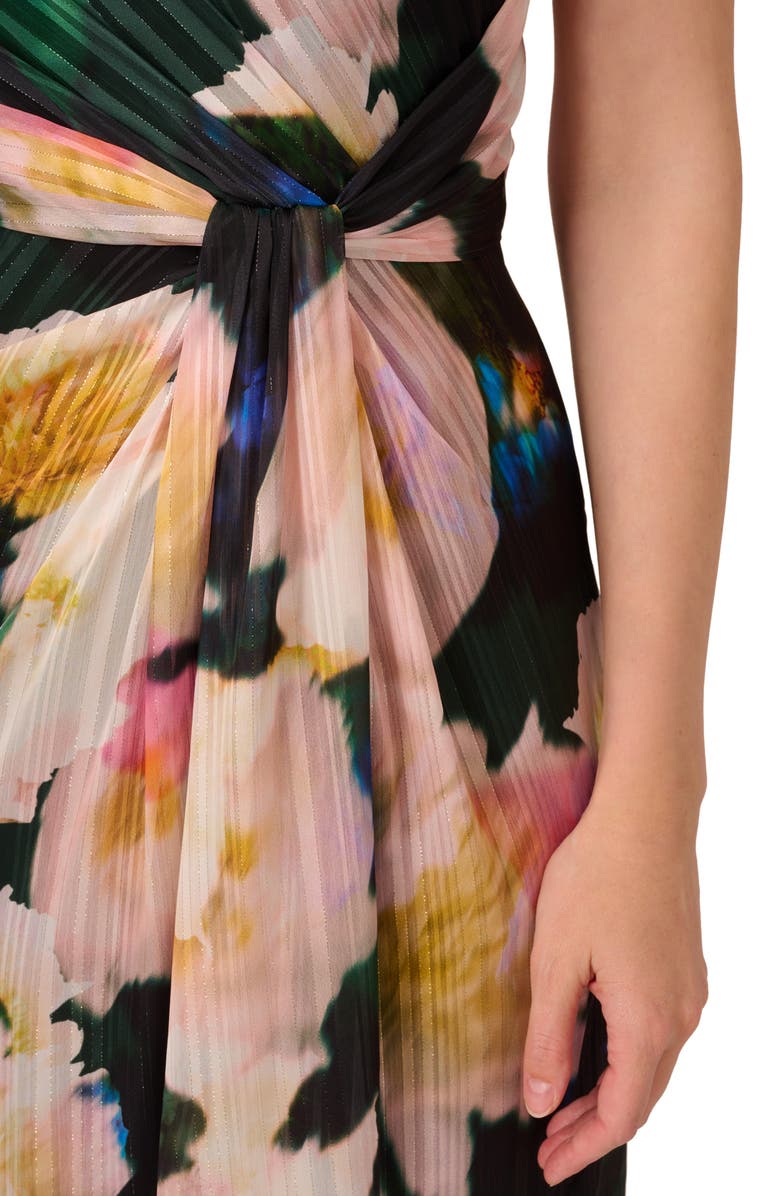 Adrianna Papell Pleated Floral One-Shoulder Chiffon Gown, Alternate, color, Black/ Blush Multi