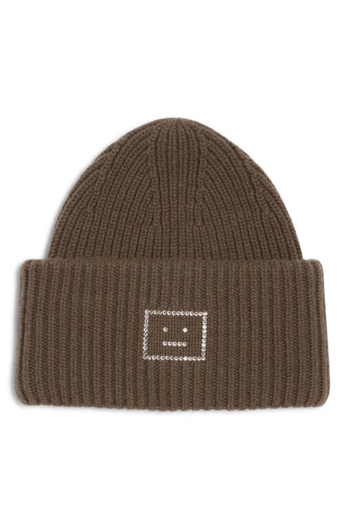 Acne Studios Pansy Crystal Face Wool Rib Beanie In Khaki Green