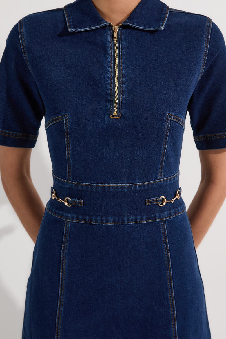 Trim Collared Denim Midi Dress, Alternate, color, Mid Wash