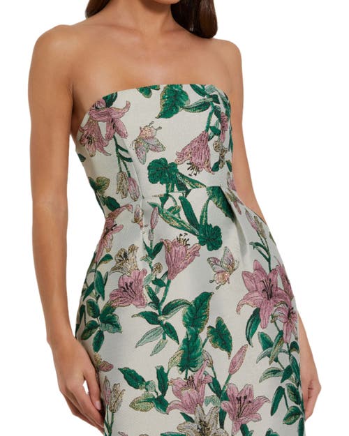 Mac Duggal Floral Brocade Strapless Fitted Midi Dress In Green