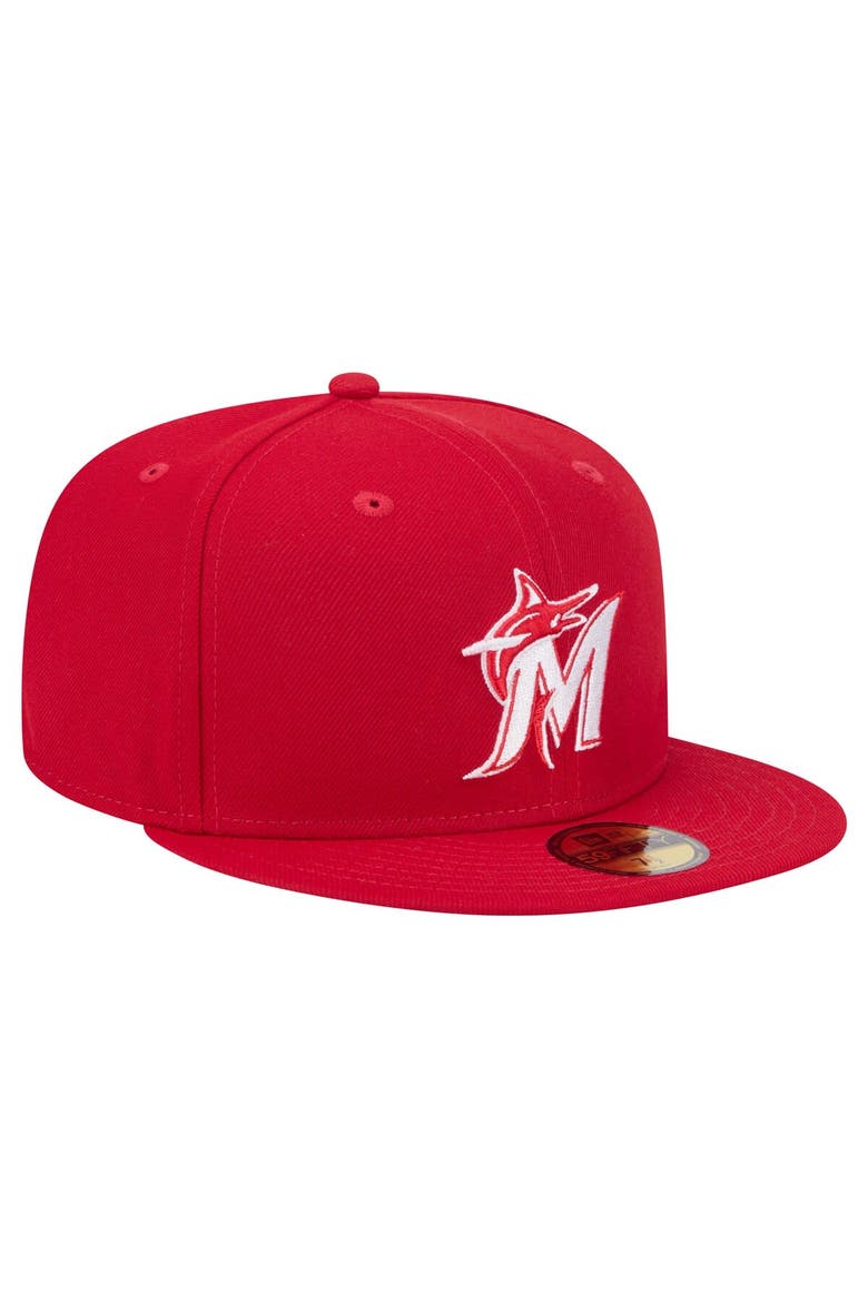 Men's New Era Red Miami Marlins White Logo 59FIFTY Fitted Hat, Alternate, color, Red