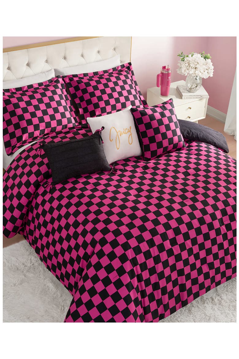 Checkerboard Reversible Comforter & Sham Set, Alternate, color, CHECKERBOARD BLACK/ HOT PINK