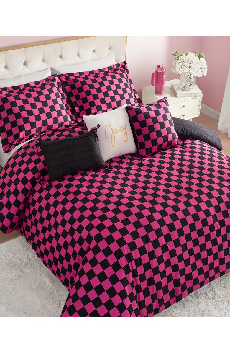 Juicy Couture Checkerboard Reversible Comforter & Sham Set, Alternate, color, Checkerboard Black/ Hot Pink