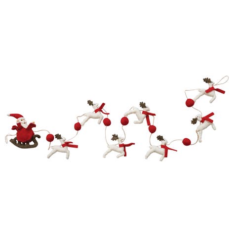 Handmade Wool Felt Santa in Sleigh and Reindeer Garland with Pom Poms and Jute Cord, Cream, Red and Brown