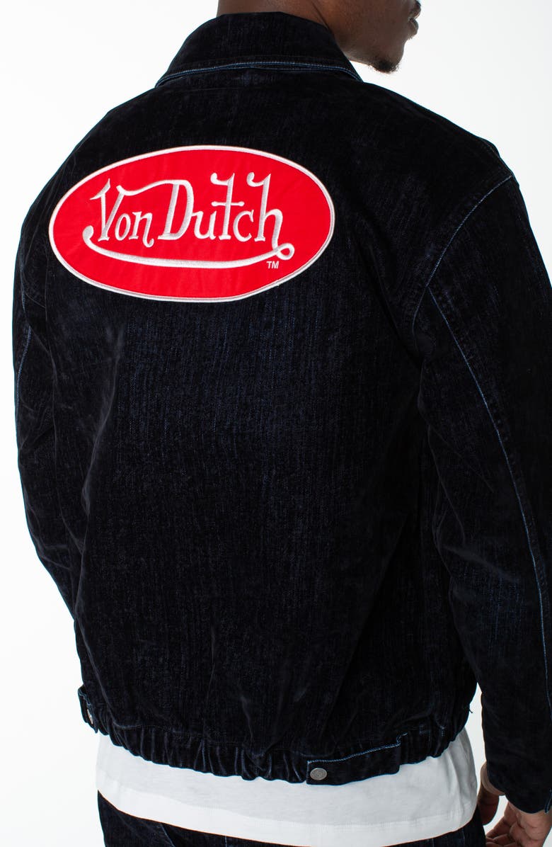Von Dutch Pagans Flocked Bomber Denim Jacket, Alternate, color, Storm Surge