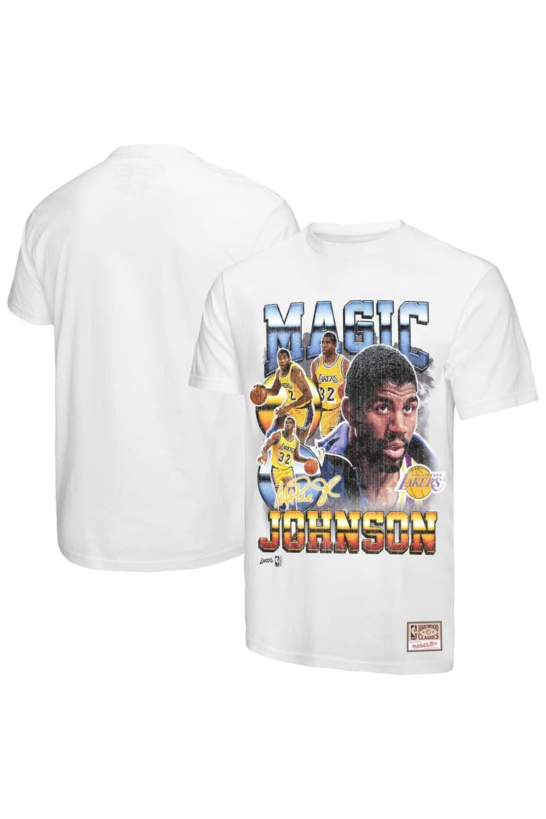 Men's Mitchell & Ness Magic Johnson White Los Angeles Lakers Commemorative Collage T-Shirt, Main, color, White