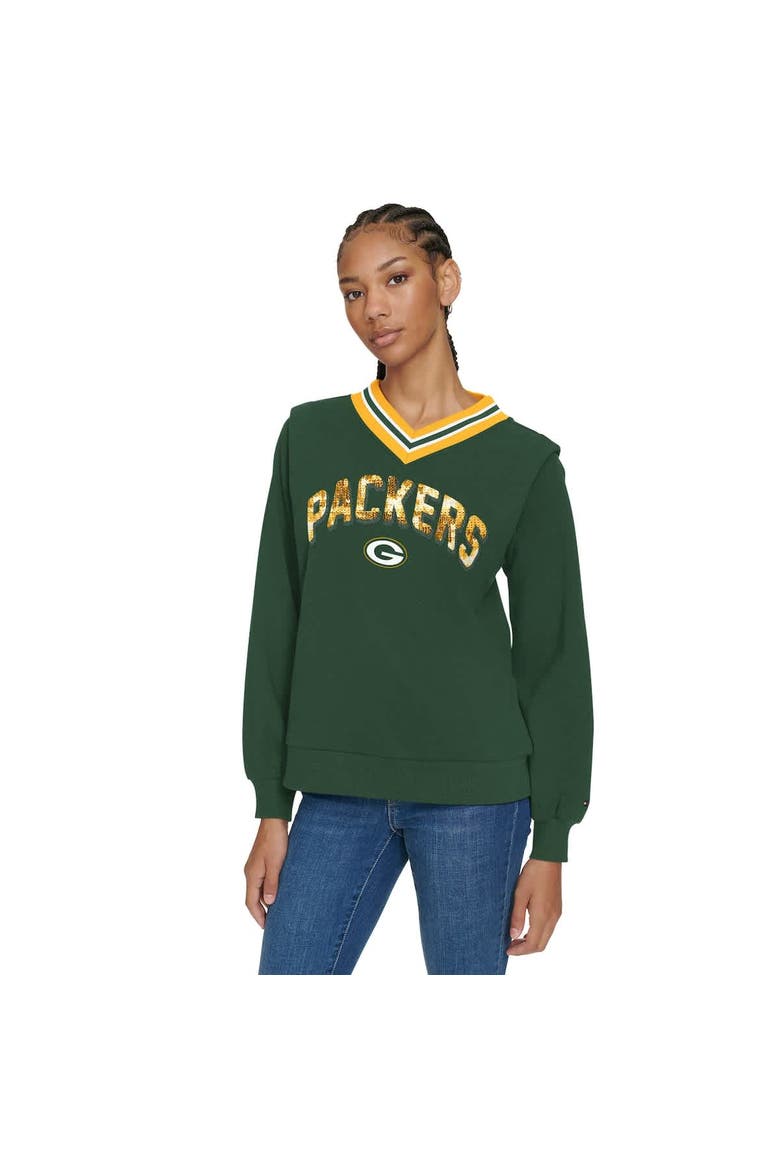 Women's Tommy Hilfiger Green Green Bay Packers Alice V-Neck Pullover Sweatshirt, Alternate, color, Green