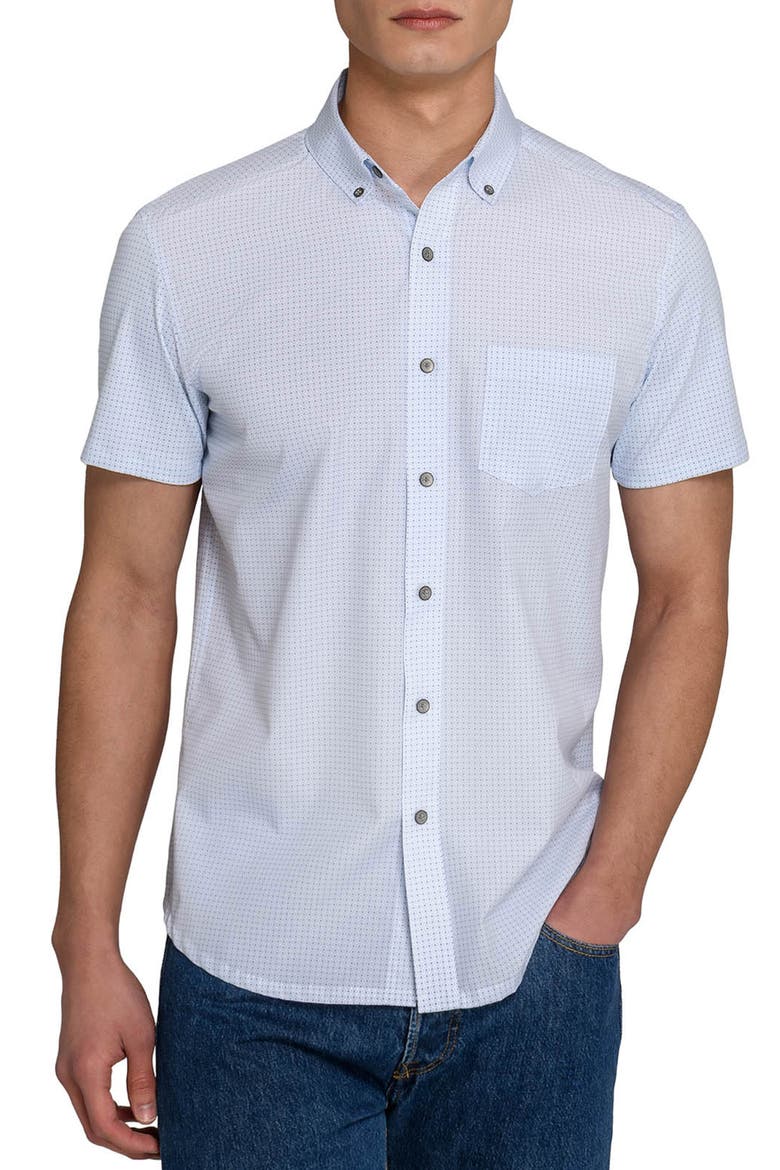 Circle Geo Reworked Short Sleeve Button-Down Shirt, Main, color, NAVY/ BLUE