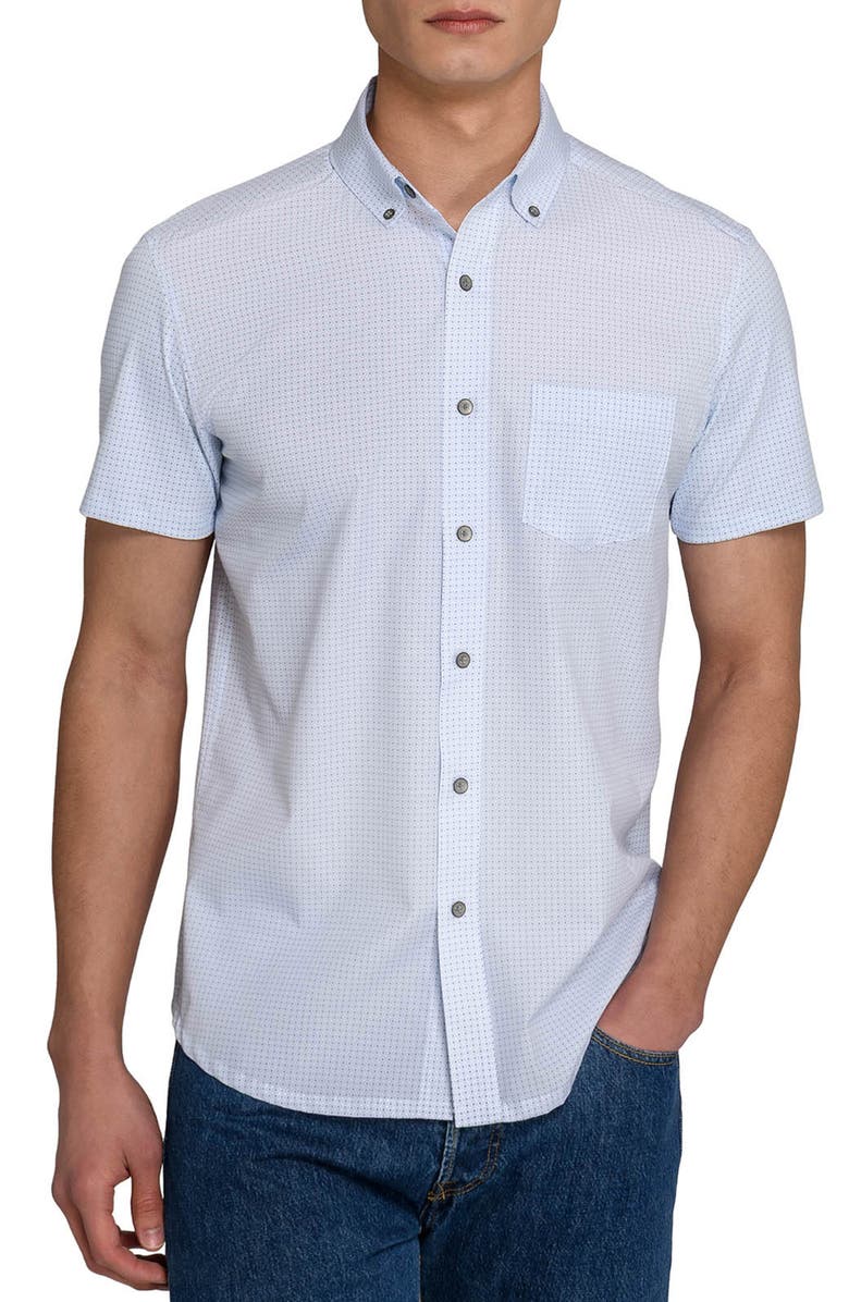 W.R.K Circle Geo Reworked Short Sleeve Button-Down Shirt, Main, color, Navy/ Blue