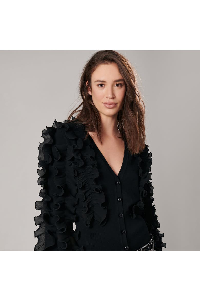 Women's  Ciline Black Long Sleeve Ruffle Cardigan, Alternate, color, Black