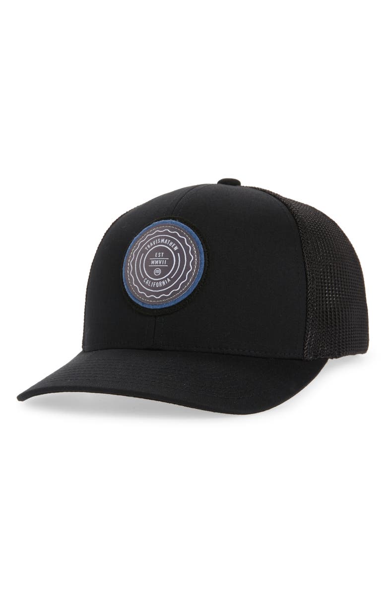 TravisMathew The Patch Trucker Hat, Main, color, Black