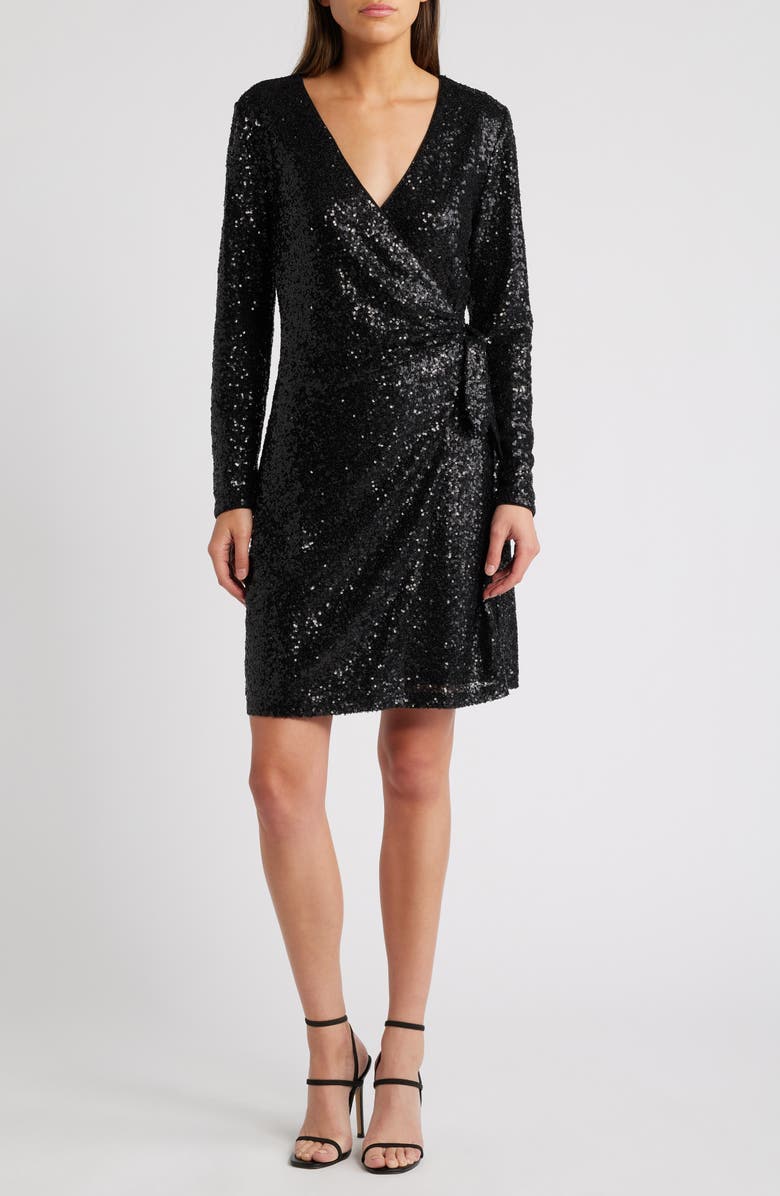 Chelsea28 Long Sleeve Sequin Wrap Minidress, Main, color, Black