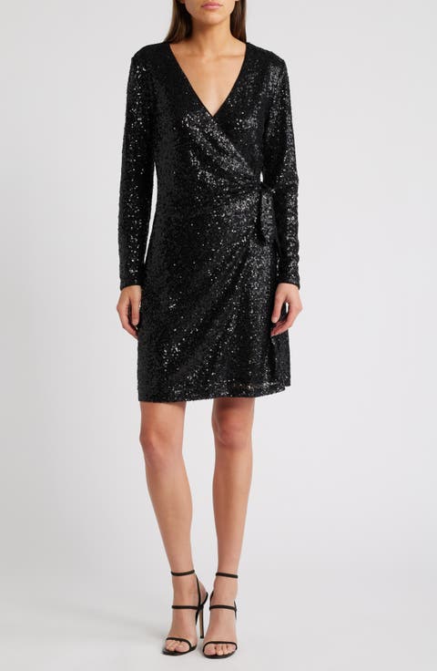 Long Sleeve Sequin Wrap Minidress