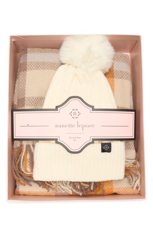 Nanette Lepore Faux Fur Pompom Beanie & Scarf Set In Gray