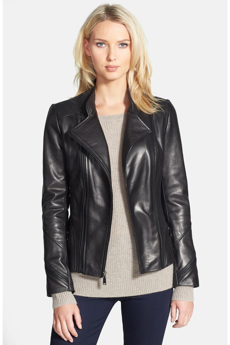 'Delphine' Double Zip Leather Moto Jacket, Main, color, BLACK